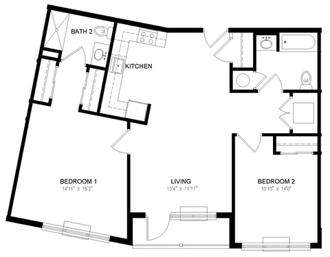 Floor plan for 2 beds, 2 baths, 994 sqft